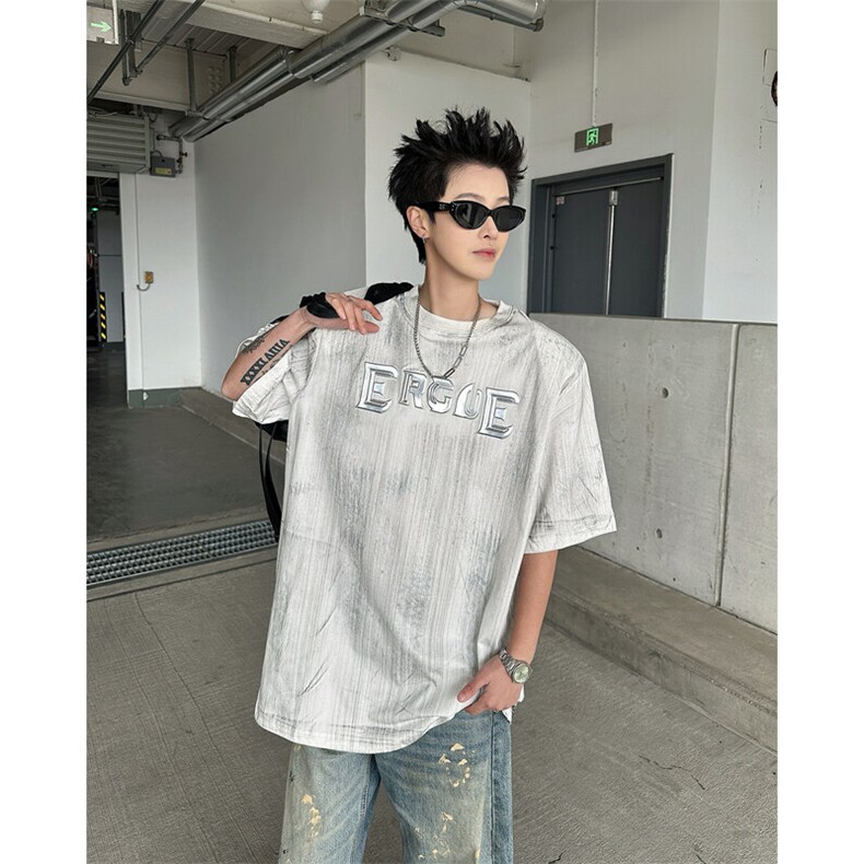 25手绘刷色银色手绘男士印花垫肩T恤DX202-P68,男装T恤,电商B288