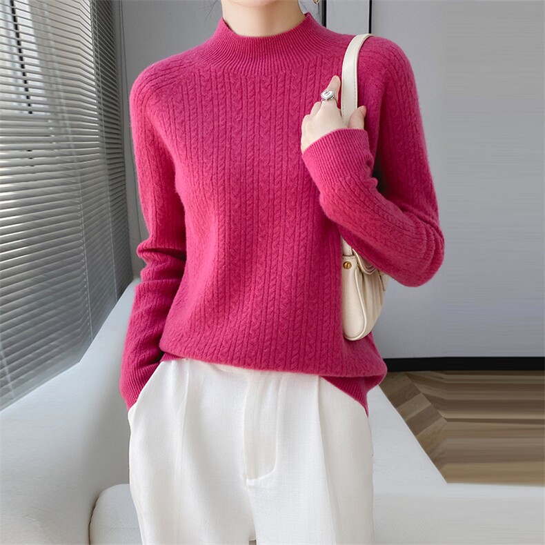 2024秋季新款半高领麻花纹长袖短款羊毛套头衫休闲百搭,女装羊毛衫,美轩羊绒