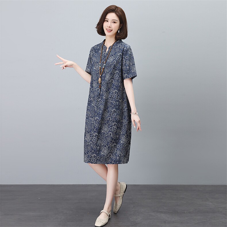 妈妈复古印花高端精致减龄连衣裙女士2026夏季宽松显瘦贵夫人裙子,女装连衣裙,依恋蒂丝