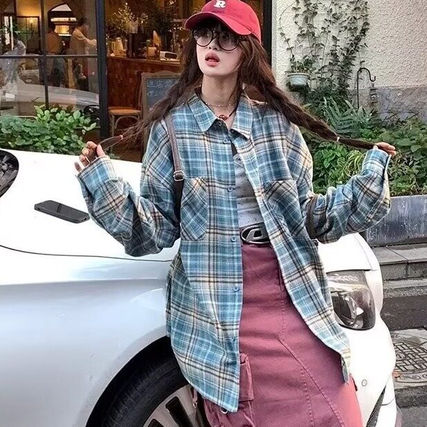 CS13-P30长袖衬衫男女2025春季新款韩版潮流日系复古格子翻领,男装衬衫,电商B323A