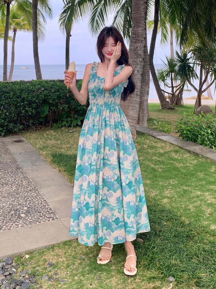 超仙浪漫油画无袖吊带裙女夏季新款度假风森系绝美小个子连衣裙,女装连衣裙,浙宝210（原浙宝191）
