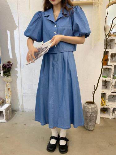 洗水棉牛仔色复古套装，女装职业装，Mu Mu