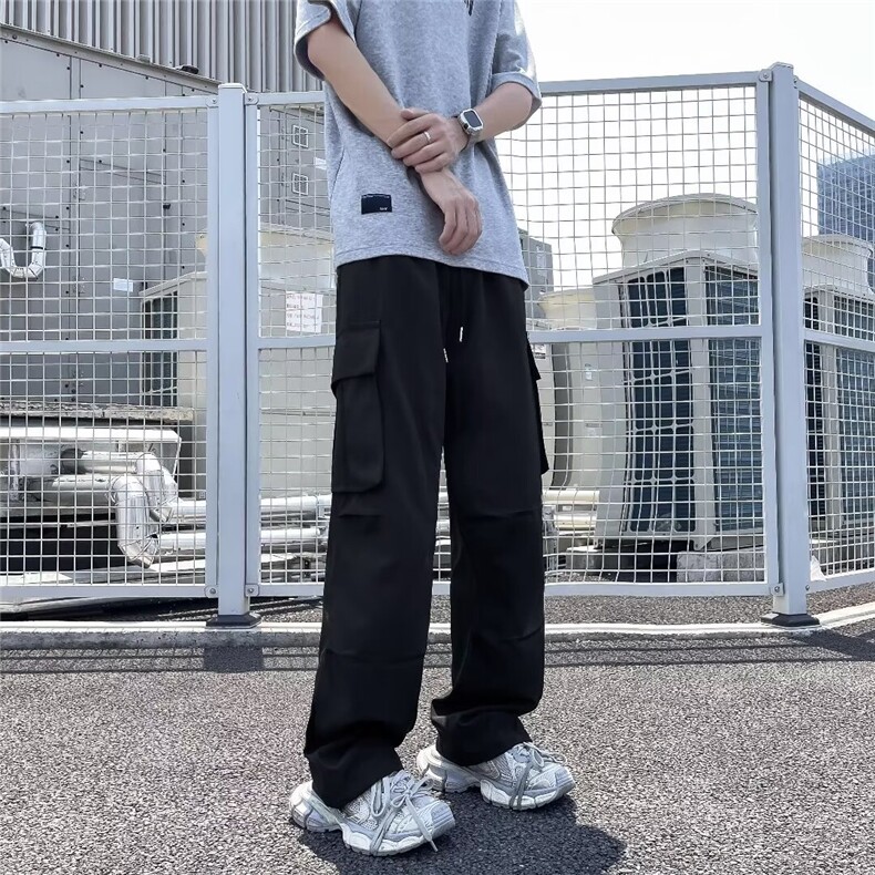 港风夏款男冰丝裤褶皱工装大口袋直筒宽松长裤h2850P40,男装工装外套,星座1013-1