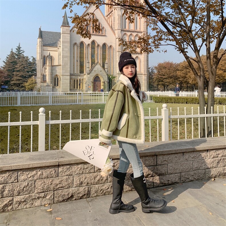 米白色皮衣一体羊羔毛外套女冬2024新款加绒加厚美式机车棉服夹克,女装毛呢外套,帛香坊