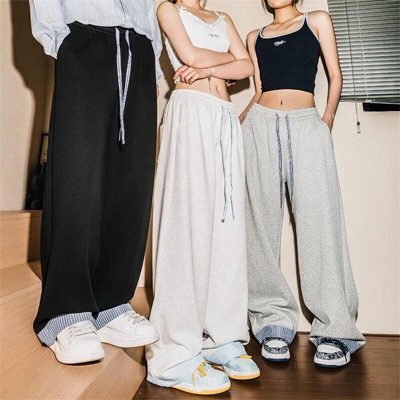 2025潮牌Cleanfit风格纹裤撞色拼接阔腿裤拖地裤卫裤CK2350-P40,男装休闲裤,星座717