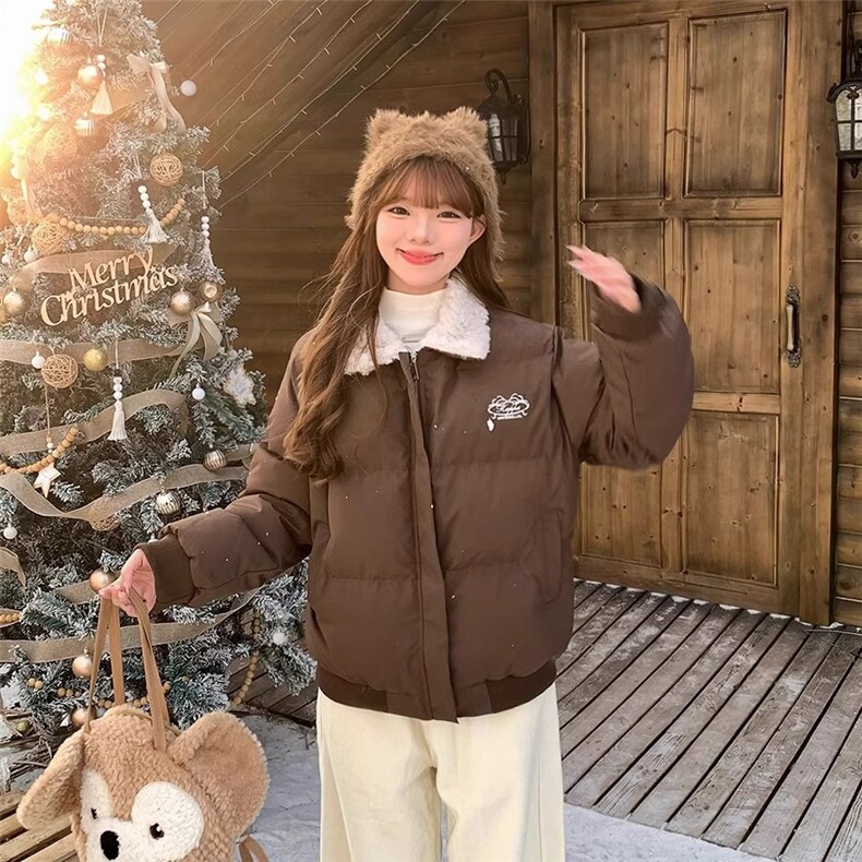 美式复古羊羔毛翻领短款棉服女小个子冬季加厚保暖棉衣外套潮,男装棉衣,星座506A