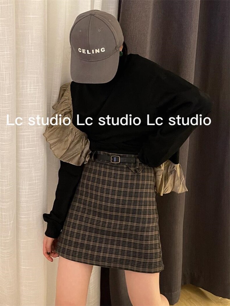 格子半身裙秋季韩版时尚高腰显瘦包臀短裙子，女装半身裙，LC裤子