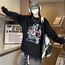 特P中性港风女模宽松时尚个性印花长袖圆领项链T恤CT011P45控75，男装T恤，电商A268
