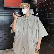 港风复古宽松版工装衬衫短袖夏季薄外套大口袋衬衣CS01262-P50，男装衬衫，星座308B-1