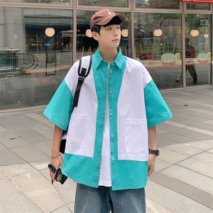 特P38控68  全棉拼接短袖衬衫港风撞色衬衣XCS01图片