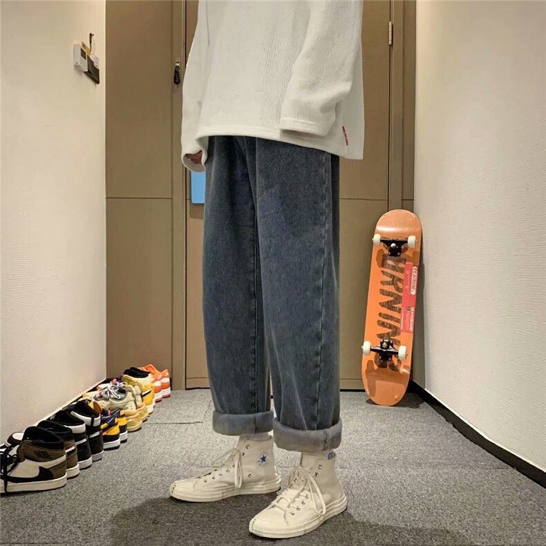 港风加绒加厚牛仔裤ins百搭韩版宽松直筒阔腿裤N824-P45加绒50，男装牛仔裤，星座1008-1