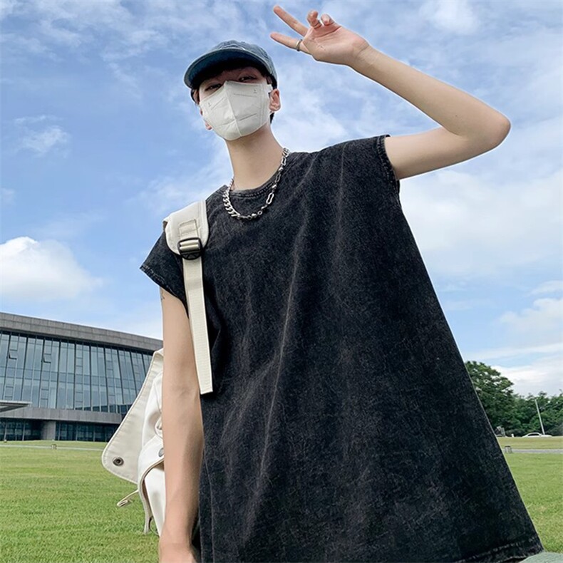 抖音得物品质二开240克重磅美式高街纯棉水洗做旧复古无袖T恤背心,男装T恤,电商A486-1