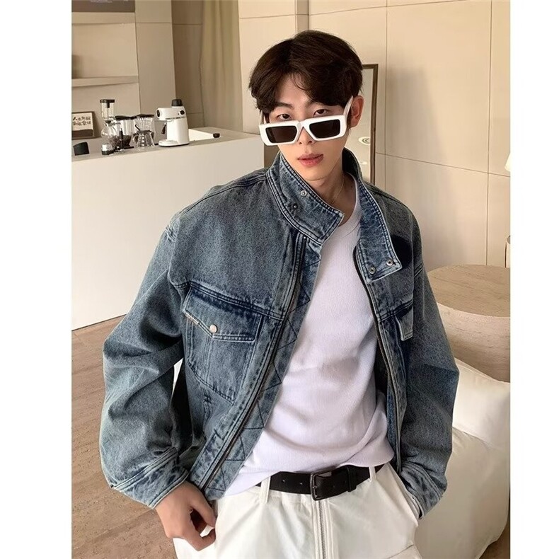 复古做旧重磅水洗牛仔外套男士立领休闲夹克百搭潮牌工装机车上衣,男装工装外套,星座218-1（原230）