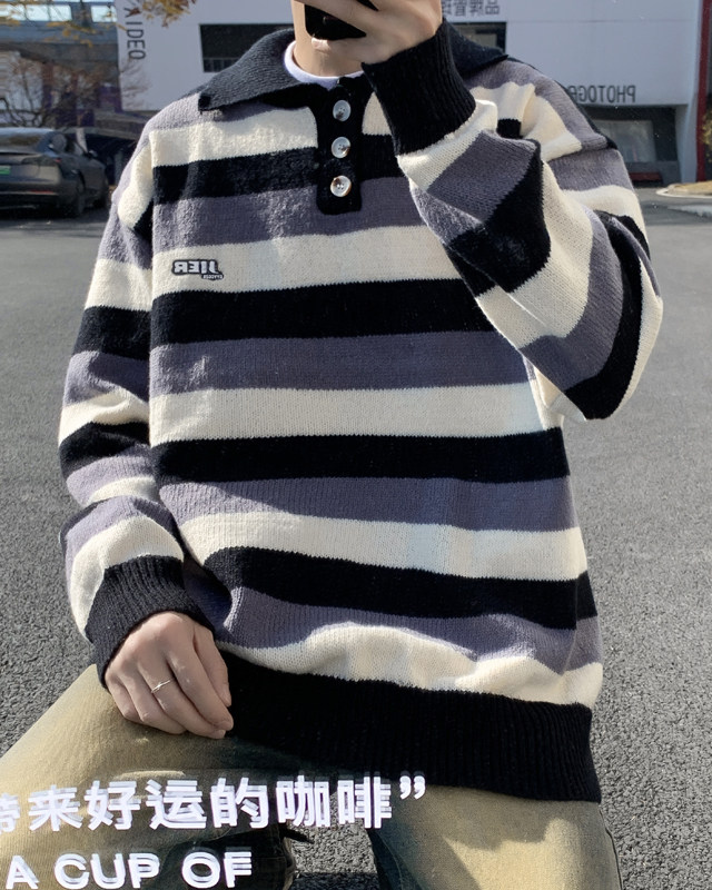 港风冬款男针织衫POLO领单排扣毛衣条纹字母印花打底衫M630 P55图片