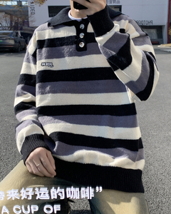 港风冬款男针织衫POLO领单排扣毛衣条纹字母印花打底衫M630 P55图片