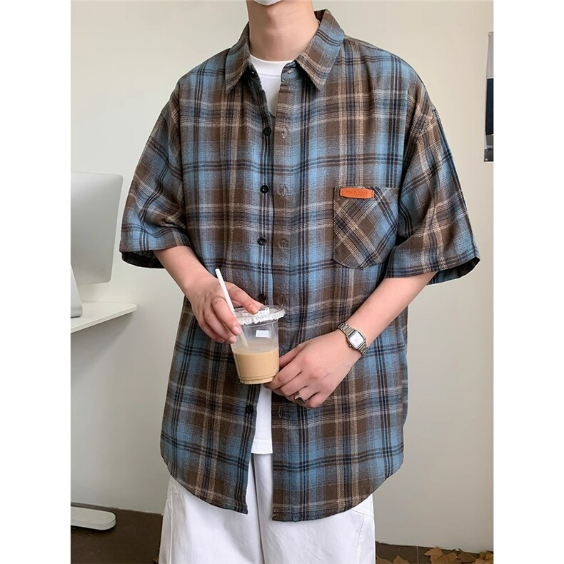 短袖衬衫男2025夏季格子日系休闲寸衬衣半袖CS159，男装T恤，星座208-5