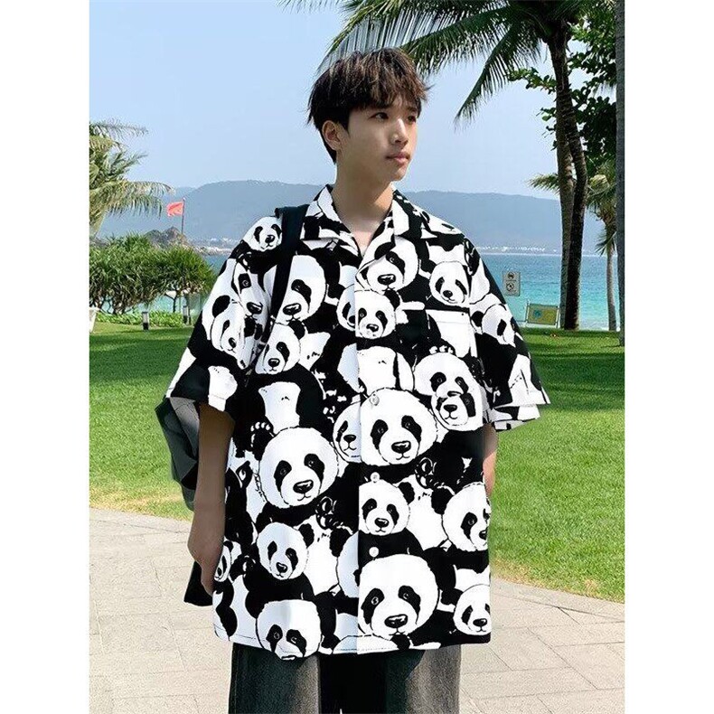 夏季潮流熊猫满印短袖衬衫男士痞帅潮牌外穿沙滩五分衬衣HX92,男装衬衫,星座1116A-1（原606A）
