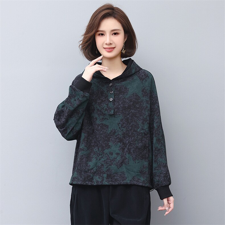 长期现货印花连衣帽卫衣女2025春秋款洋气大码宽松显瘦休闲上衣,女装卫衣/绒衫,涵誉