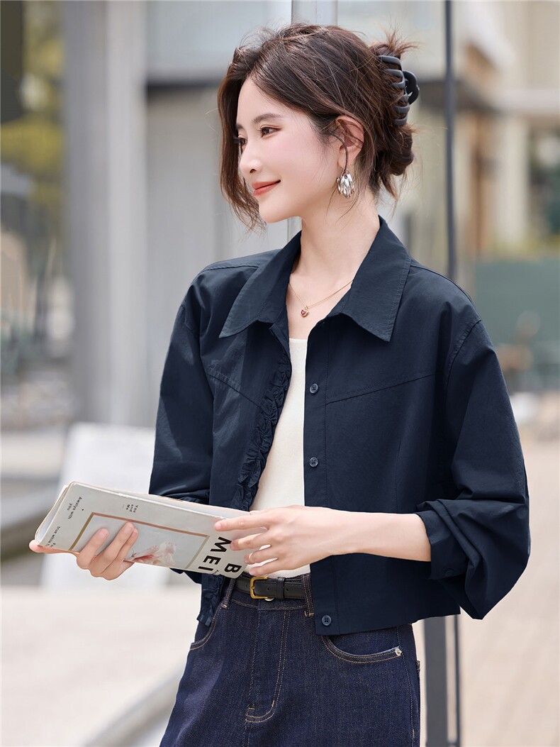 时尚翻领衬衫式薄款外套女2025秋季新款宽松百搭减龄花边拼接上衣,女装衬衫,丽影随形