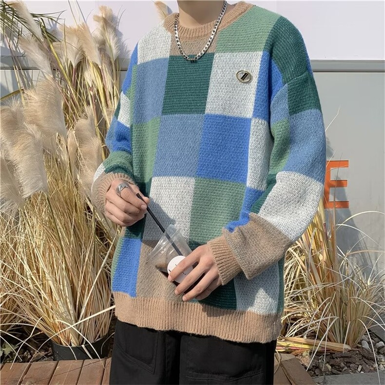 2023秋冬新款美式街头小众设计复古情侣撞色格子Q5021P50,男装针织衫/毛衣,星座1116-2