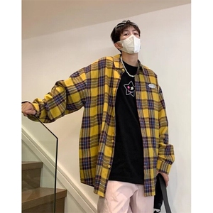 春秋新款复古格纹长袖衬衫男美式情侣衬衣情侣装外套 C390图片