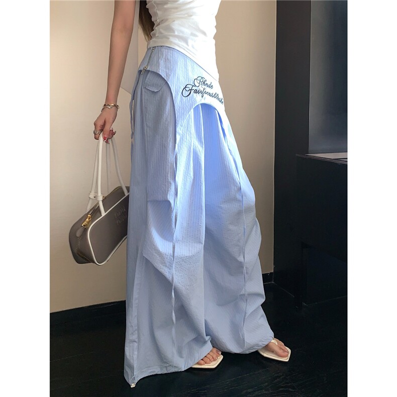 美式复古字母刺绣休闲条纹阔腿裤女夏季绑带伞兵裤，女装休闲裤，星座1210-1