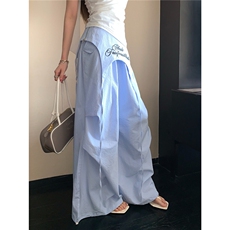 美式复古字母刺绣休闲条纹阔腿裤女夏季绑带伞兵裤，女装休闲裤，星座1210-1