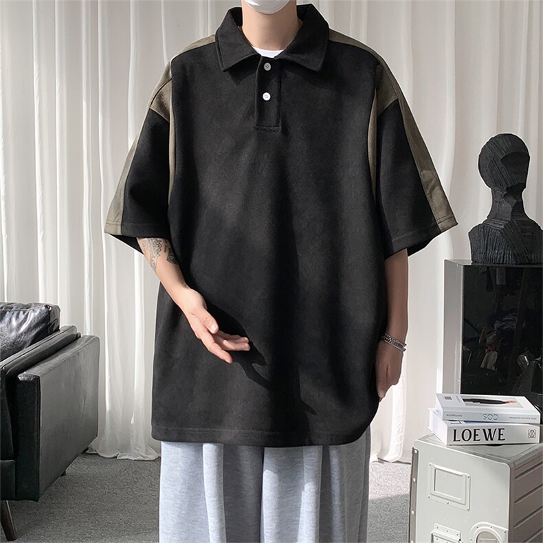A177-T515夏季新款麂皮绒拼接男生短袖POLO衫94%聚酯纤维6%氨纶,男装Polo衫,电商A177