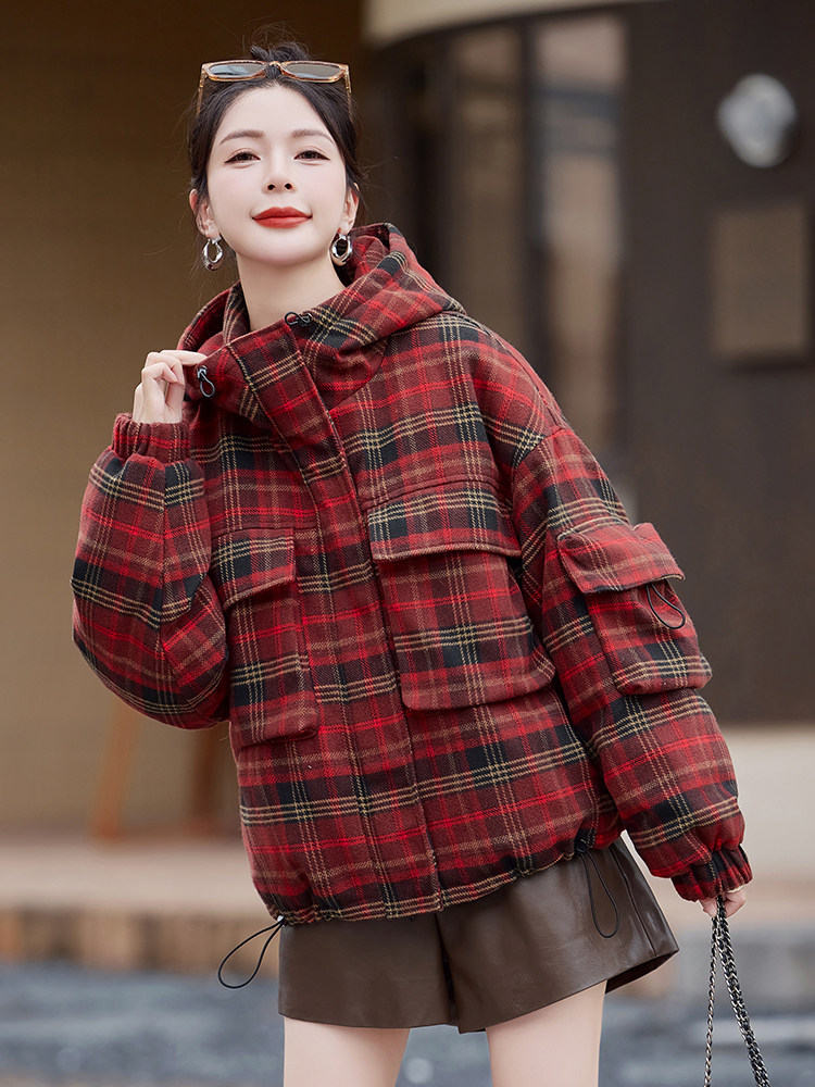 连帽羽绒服女冬季新款2025格子法式气质显瘦设计感时尚减龄外套潮,女装毛呢外套,水衣源