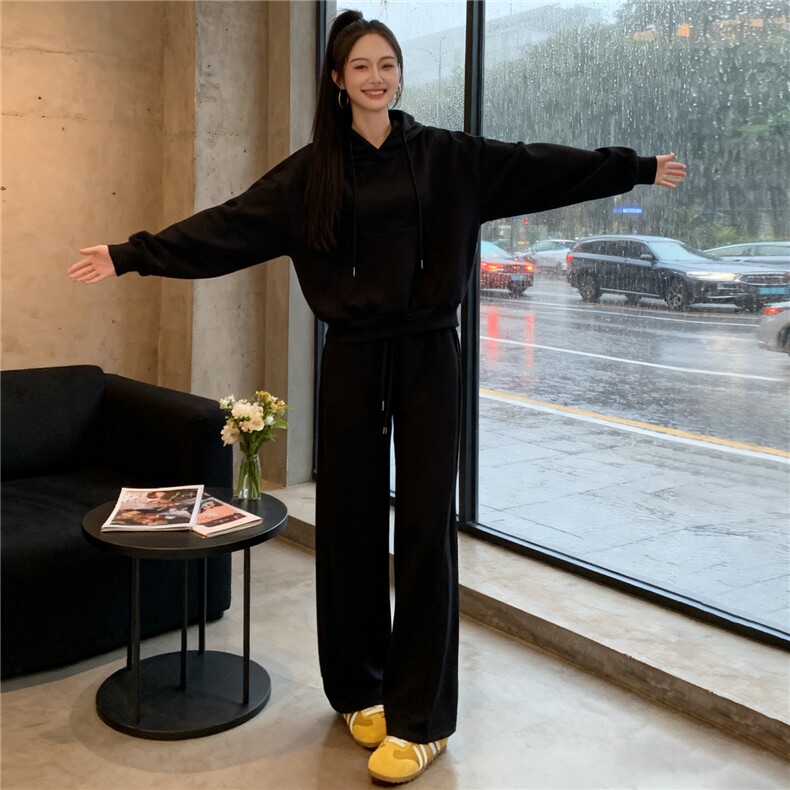 女秋季网红炸街时尚运动套装盐系穿搭纯色连帽卫衣阔腿长裤两件套,女装套装/套裙,江南