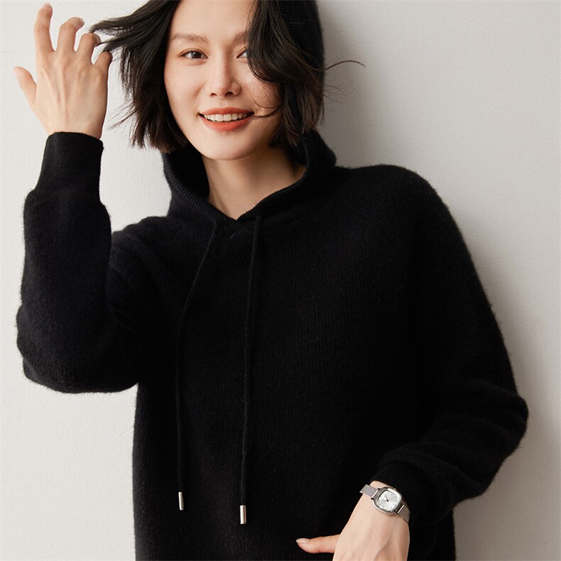 高端软糯山羊绒帽衫女毛衣秋冬套头宽松加厚连帽卫衣针织打底上衣,女装羊绒衫,蒂暖羊绒