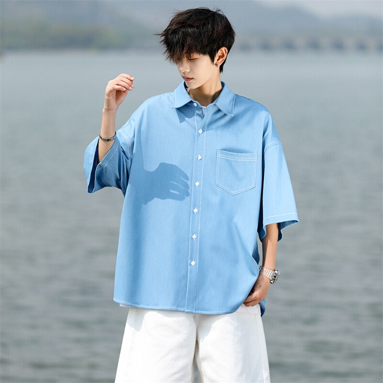 8XL-M冰丝牛仔短袖衬衫男款夏季薄款宽松慵懒衬衣外套DC28006P60,男装T恤,电商B312