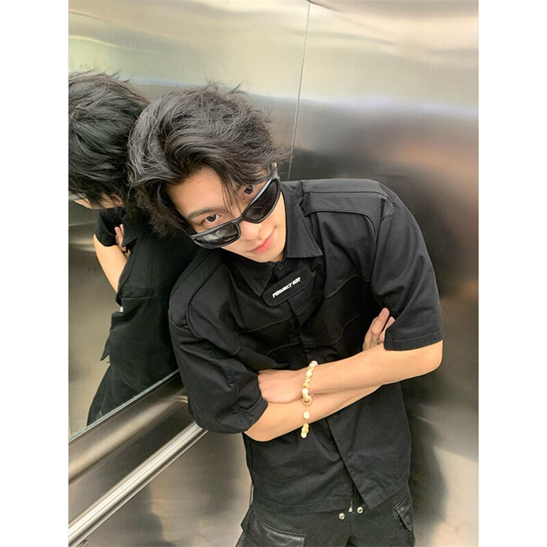 青少年慵懒新款夏季免烫原宿潮纯色标准时尚衬衫潮流五分袖日系,男装衬衫,星座506A