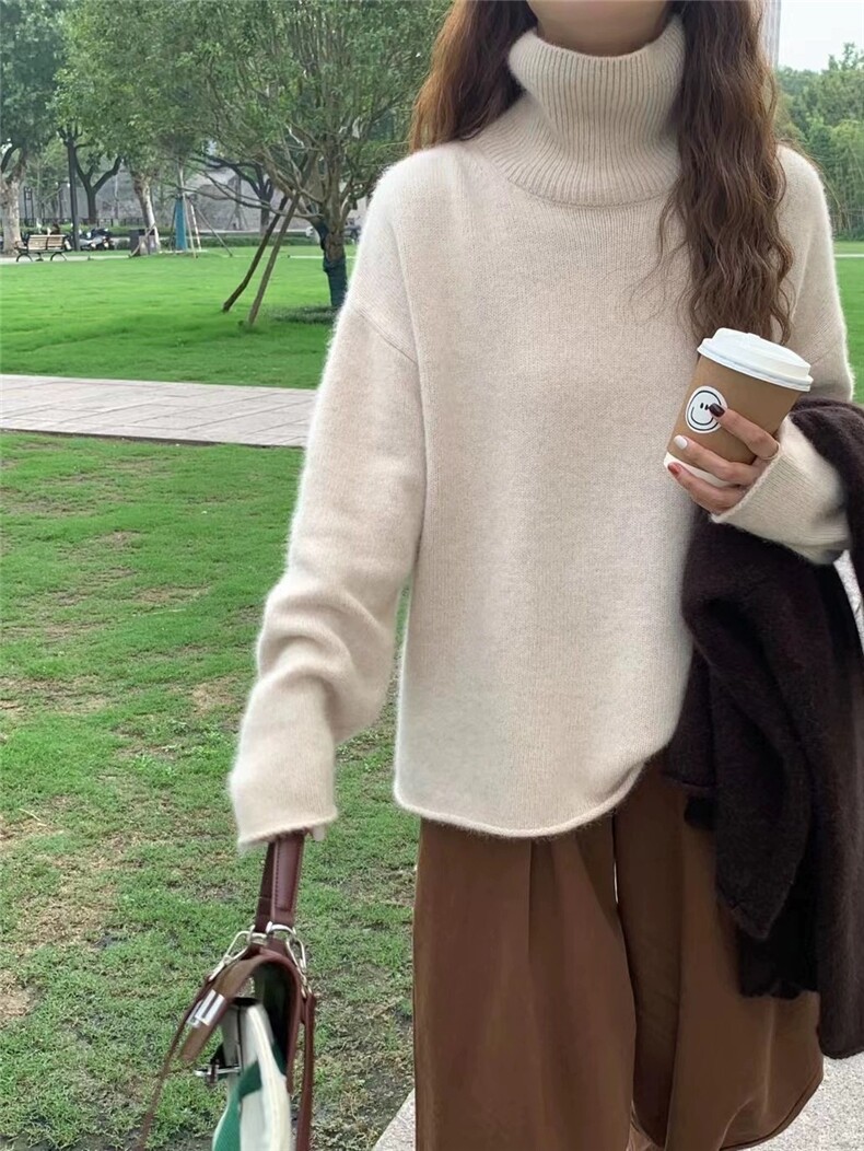 时尚百搭经典加厚卷边高领羊毛衫显瘦修身红色长袖毛衣,女装羊毛衫,圣旺供货