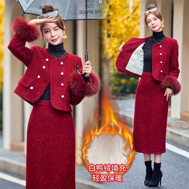 时尚小香风套装裙女2025年冬季新款爆款气质超好看羽绒服两件套装图片