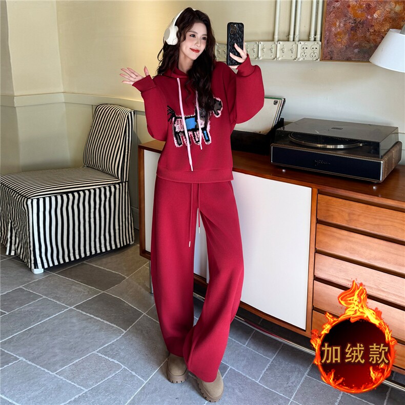 简约时尚休闲套装女秋冬新款韩系宽松显瘦连帽卫衣直筒长裤两件套,女装套装/套裙,江南