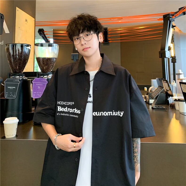 街头痞帅字母印花短袖衬衫男夏季潮牌宽松设计感休闲衬衣C210/P42，男装衬衫，星座506