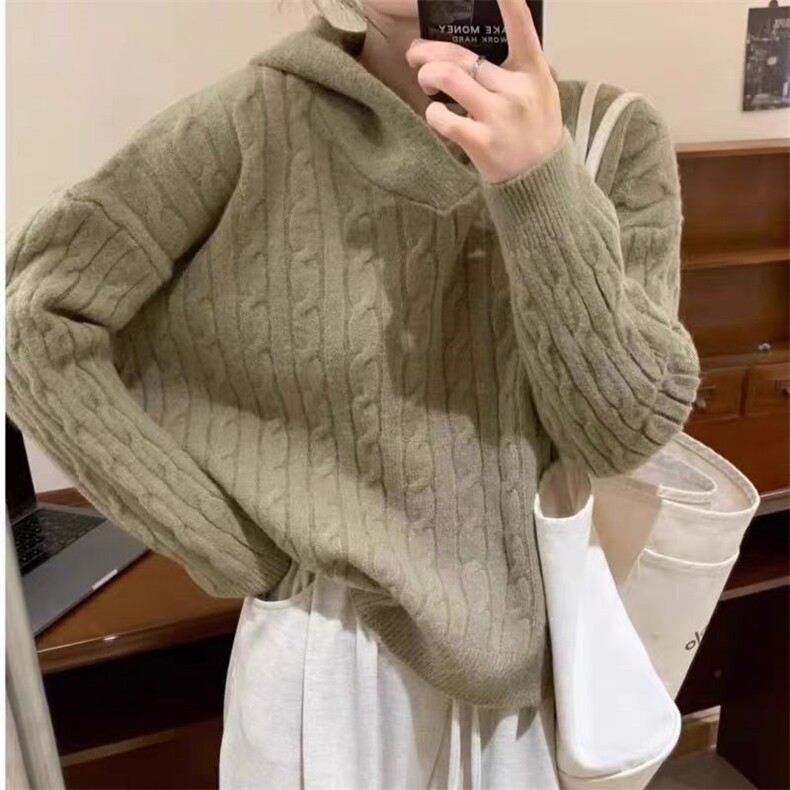 麻花毛衣女毛线衣秋冬2024款连帽复古日系慵懒宽松软糯针织衫上衣,女装羊毛衫,恒恩羊绒