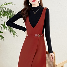 长袖针织衫背带裙套装女2025春秋款修身显瘦通勤背心连衣裙两件套，女装套装/套裙，蓝诺裳