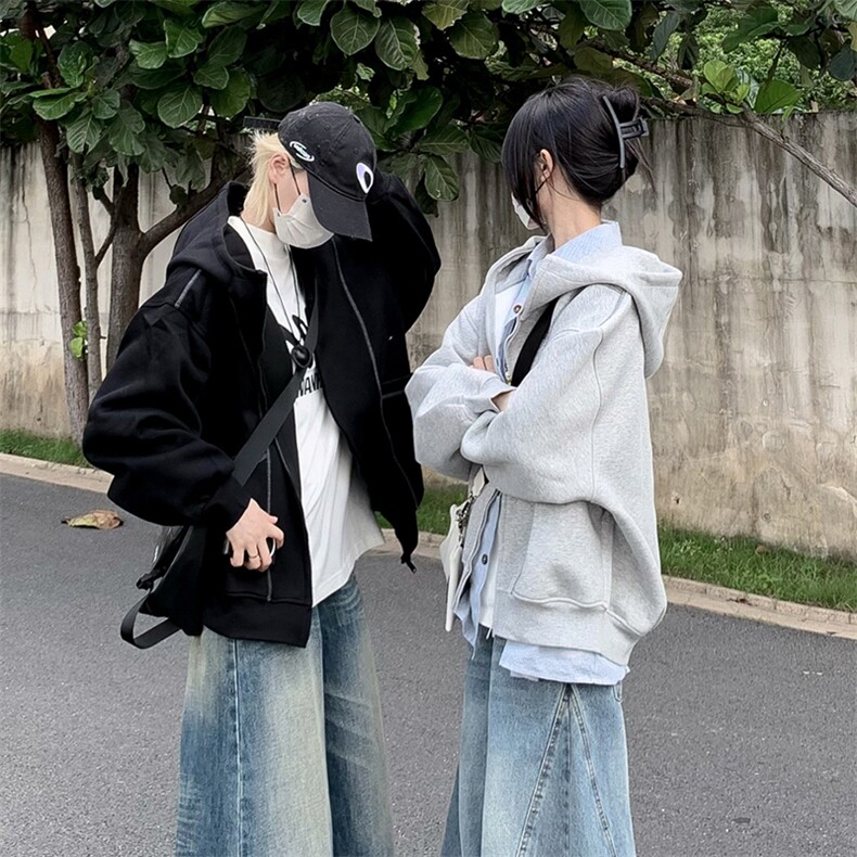 抖音得物高品质秋冬美式高街重磅结构辑明线纹理连帽卫衣外套W111,男装卫衣,电商A486