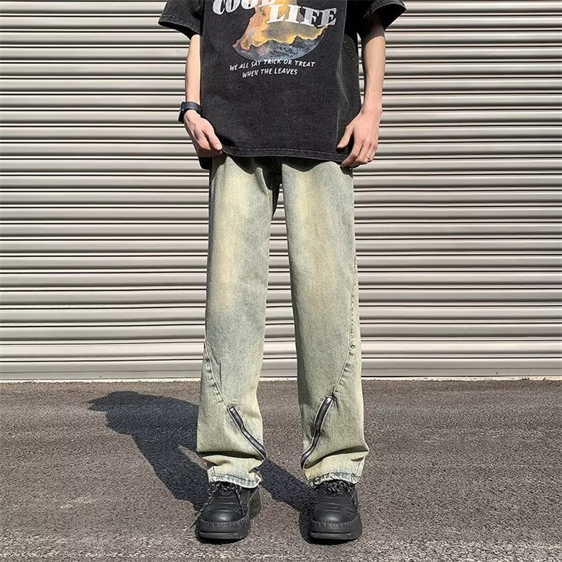 水洗长裤潮直脚牛仔裤气质日系宽松直筒拉链简约男青春流行夏季,男装牛仔裤,星座716-4