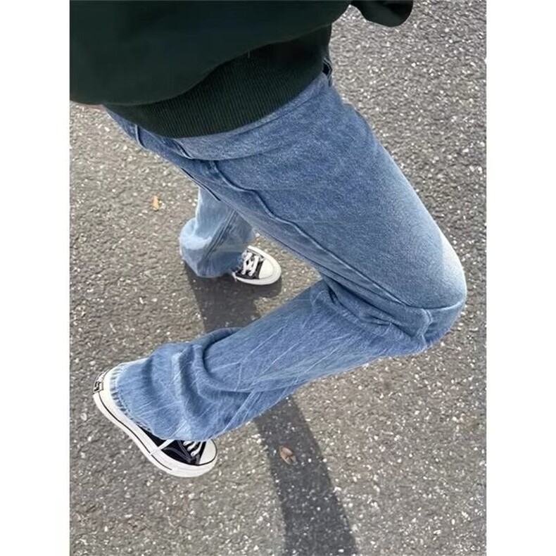 高腰直筒蓝色牛仔裤男女美式高街春夏款小众设计感宽松阔腿裤,男装牛仔裤,星座218-1（原230）
