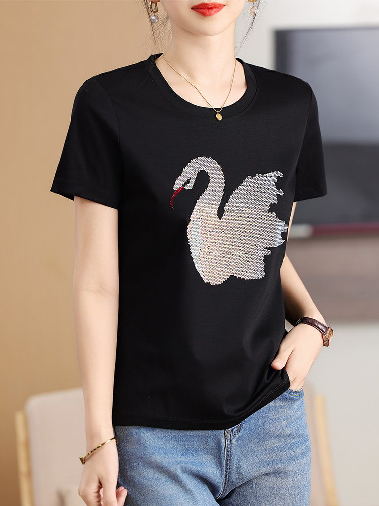 2025年新款烫钻卡通动物图案丝光棉短袖女纯棉T恤宽松夏季圆领t恤,女装T恤,元素羊绒