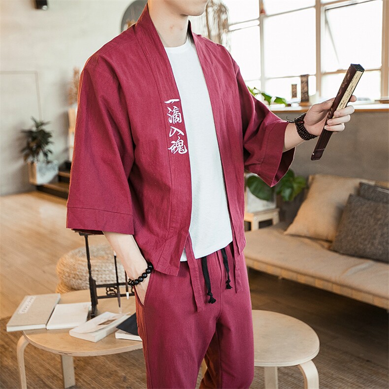 夏季大码风刺绣汉服套装棉麻道袍披风学生情侣休闲TZ01/P85,男装休闲套装,钱塘713