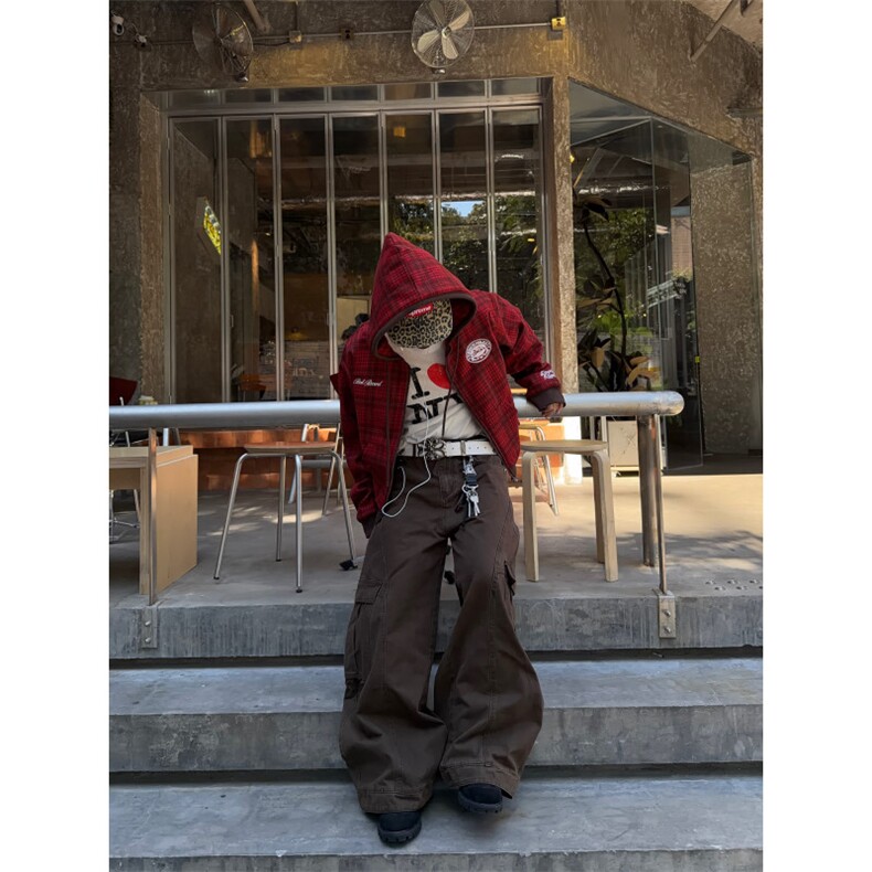 1506/QT6100/P93新款美式复古红色格子宽松刺绣设计休闲连帽卫衣,男装卫衣,星座1506