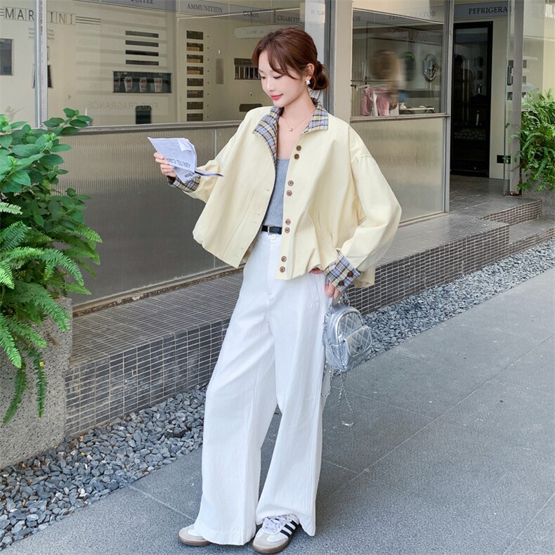 黄色格子拼接短外套女2025秋季新款小个子超好看休闲显瘦百搭夹克,女装短外套,2C056