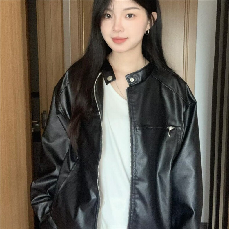 春季新款复古酷飒立领机车皮衣女韩版休闲黑色夹克外套,女装皮衣,星座506A