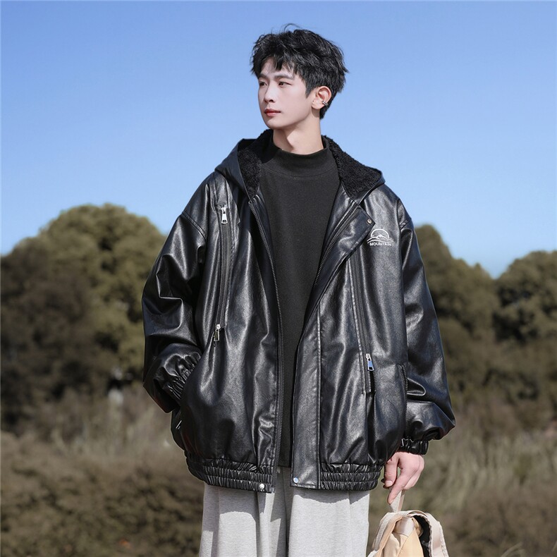 春装冲锋衣连帽皮夹克机车PU皮衣外套P110控158抖音控178加绒+20,男装夹克,电商B370