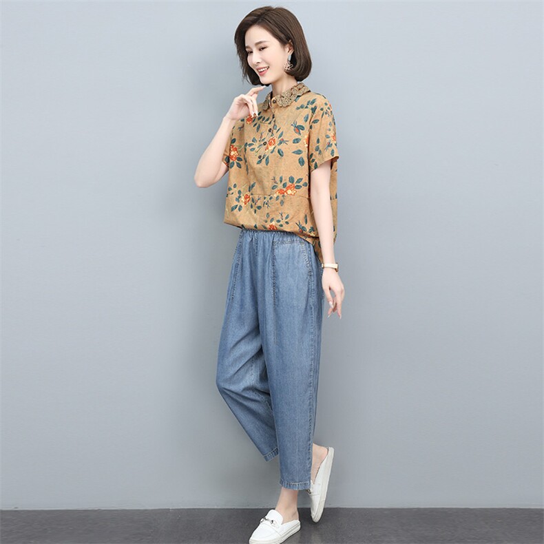 孔雀飞飞夏装新款韩版大码遮肉复古印花两件套棉麻亚麻女高端套装,女装套装/套裙,依恋蒂丝