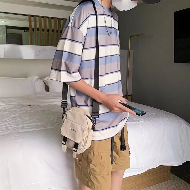 W271-P28夏季日系复古撞色条纹T恤宽松百搭情侣青少年短袖潮,男装T恤,星座911-1